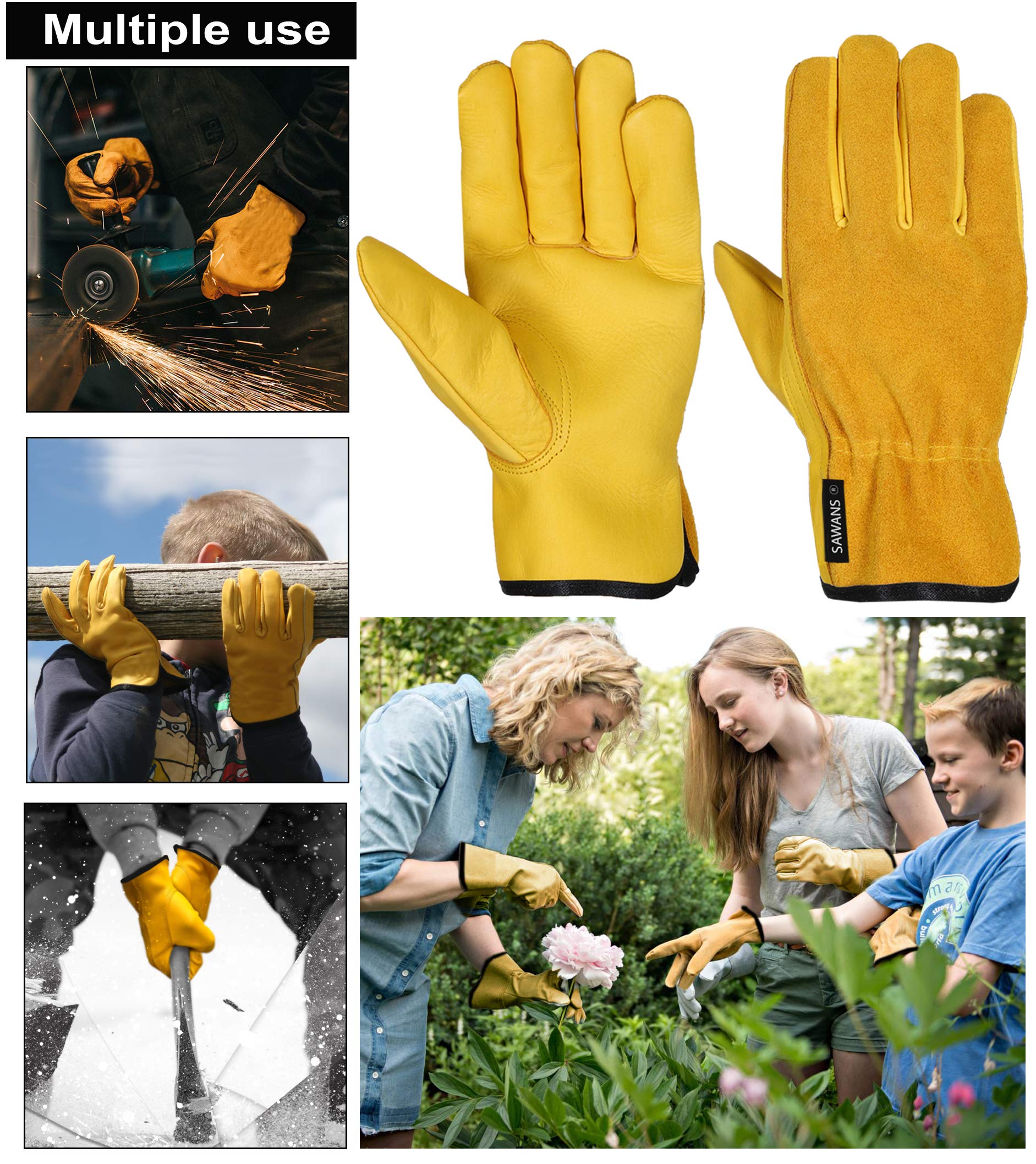 SAWANS Leather Work Gloves Thorn Resistant Gardening Gloves Heavy Duty for Men Women Breathable Flexible Construction